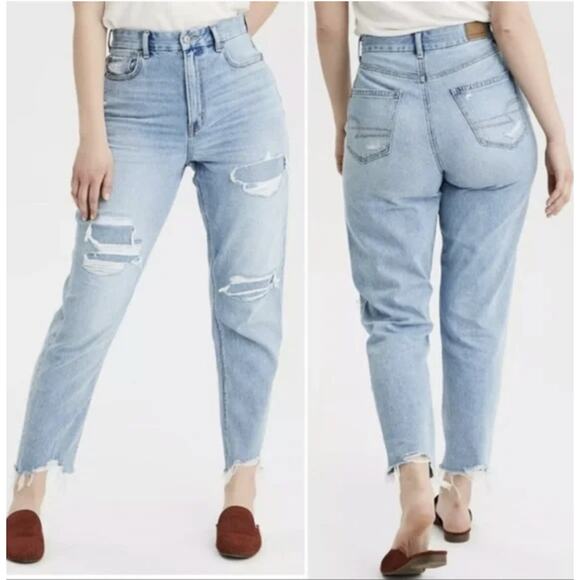 American Eagle Plus Size 24 Curvy Mom Jeans Denim Distressed Ripped Light Wash - Picture 1 of 12